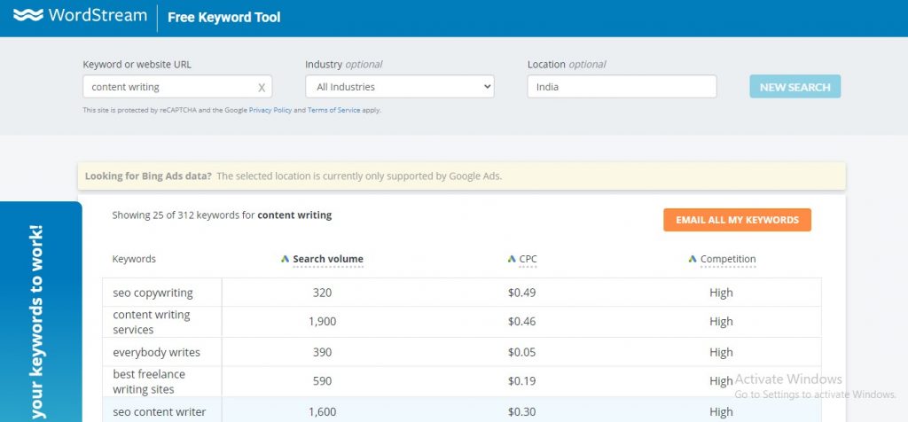 Wordstream free keyword tool